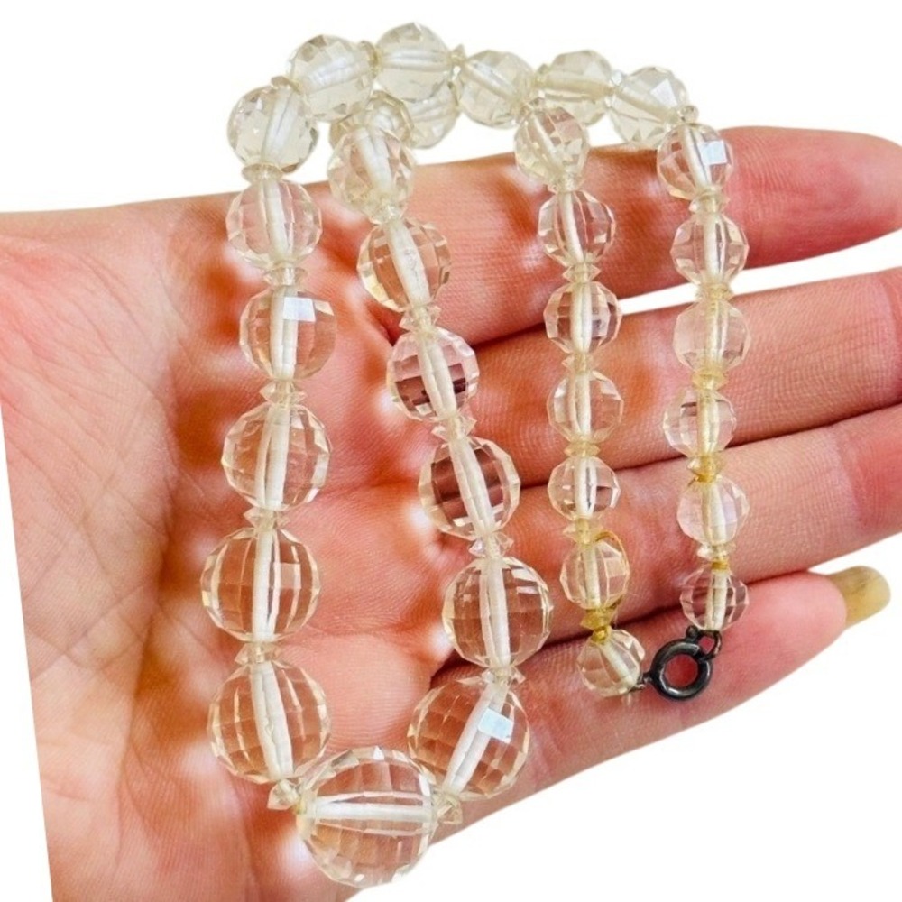 VTG Clear Glass Czech necklace Art Deco choker‎ beads faceted sterling 925 14"